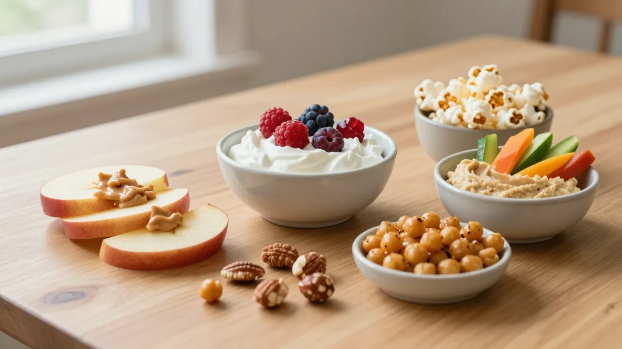 Heart-healthy snacks including fruit, yogurt, hummus, nuts, chickpeas, and popcorn on a wooden table.
