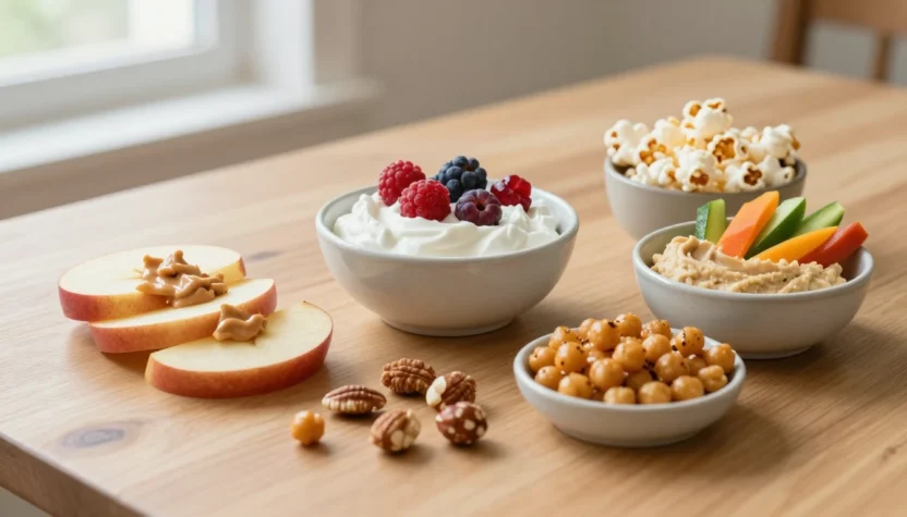Heart-healthy snacks including fruit, yogurt, hummus, nuts, chickpeas, and popcorn on a wooden table.
