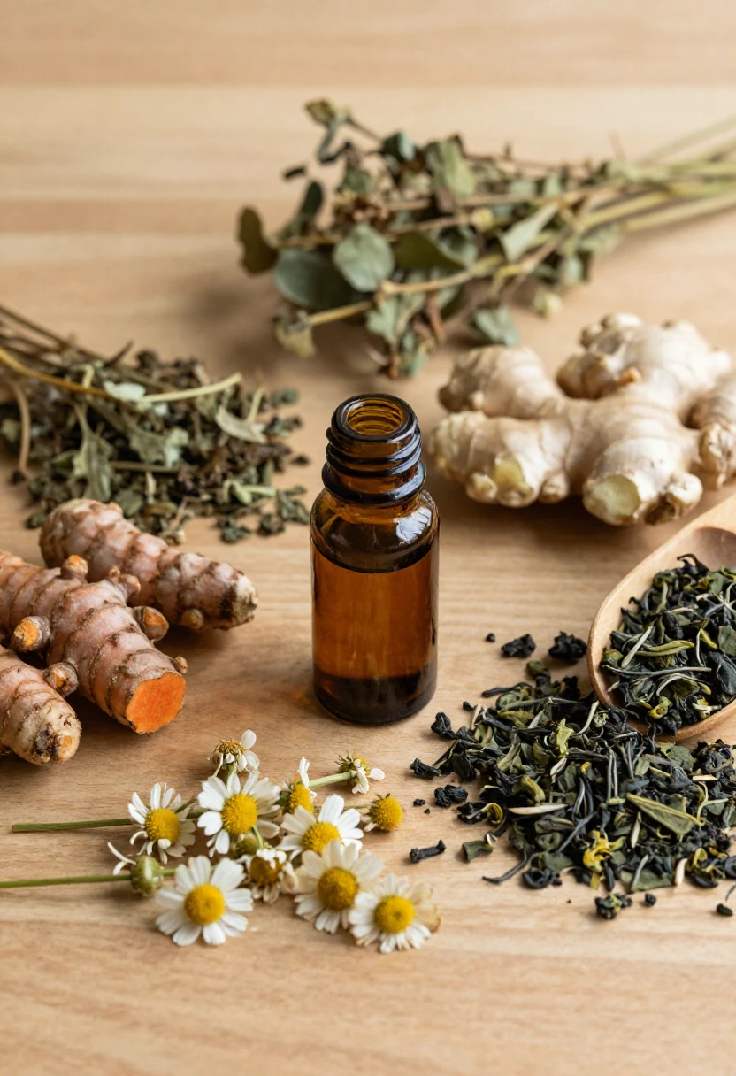 Herbal supplements with dried herbs, turmeric, ginger, and tea leaves