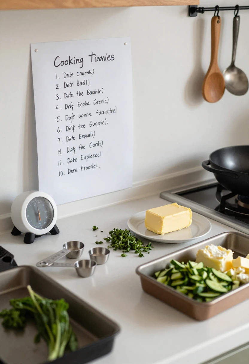 Holiday cooking timeline with chopped vegetables, kitchen timer, herbs, and prep dishes.