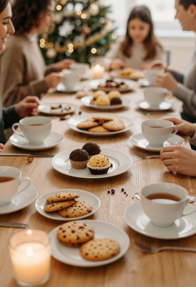 Holiday dessert table with family gathering atmosphere and calm dessert choices.