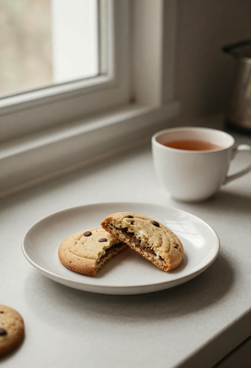 Plate with a bitten chocolate chip cookie on a windowsill, a mug of tea in the background.