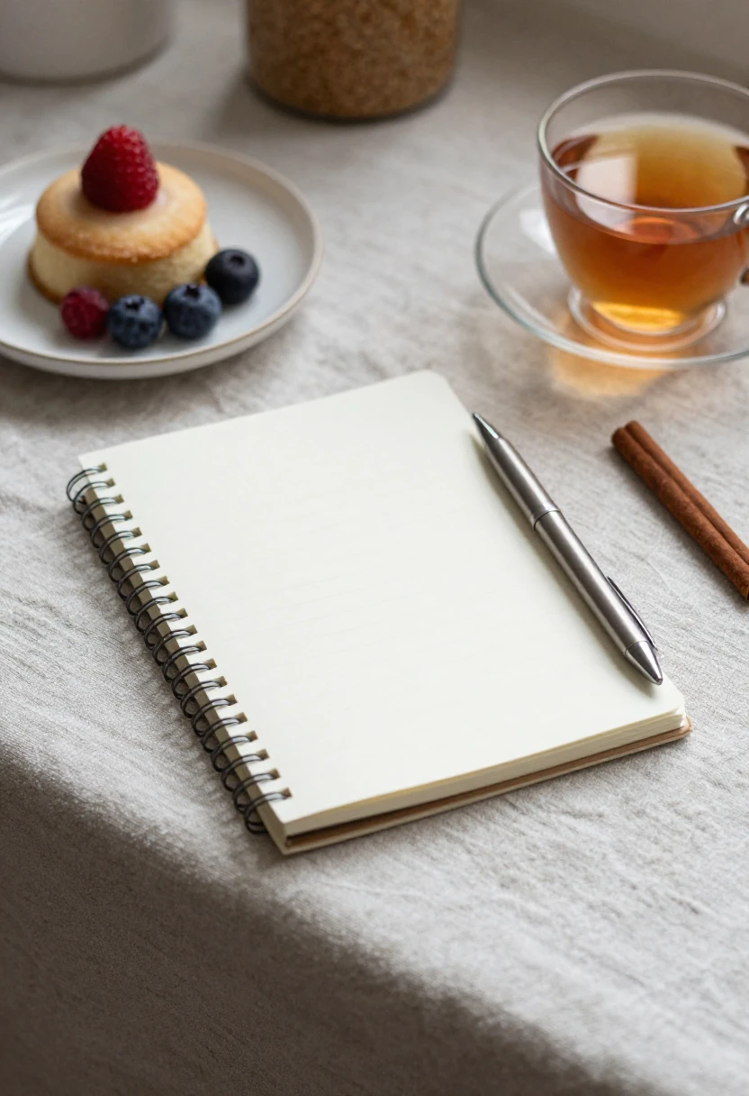 Notebook with a silver pen on a light table, a plate with a small cake and berries nearby, and a cup of tea with a cinnamon stick.