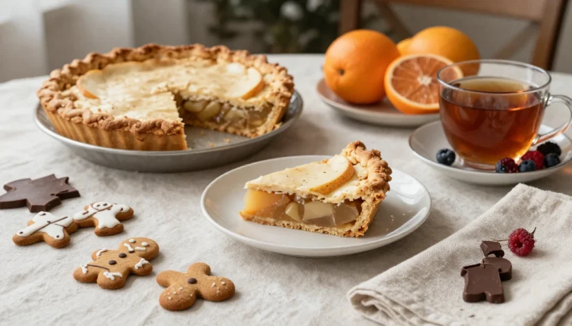 Whole pie with a slice removed sits on a metal dish, with a single slice on a plate in the foreground, surrounded by tea, berries, oranges, and cookies on a light tablecloth.