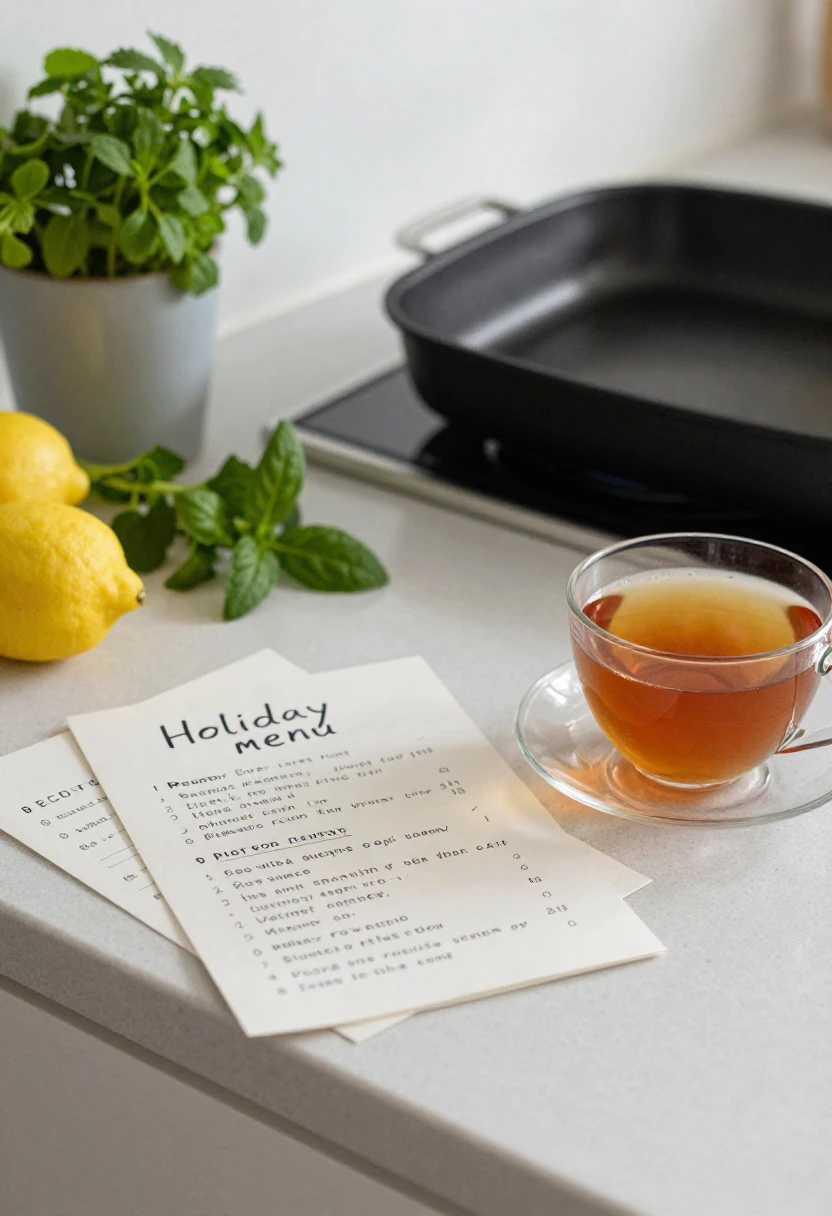 Holiday meal planning with handwritten menu, herbs, recipe cards, and warm kitchen light.
