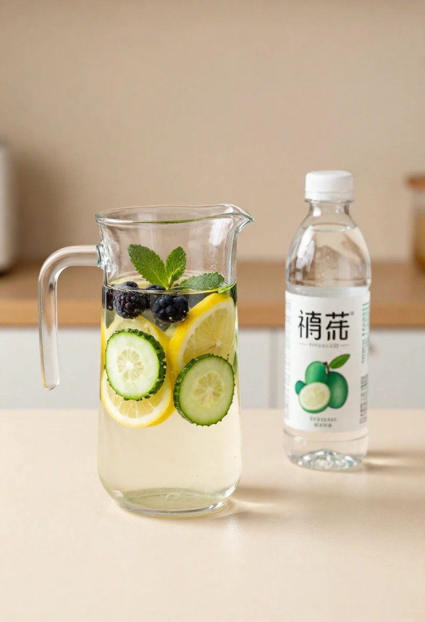 Pitcher of lemon, cucumber, blackberry and mint-infused water on a kitchen counter