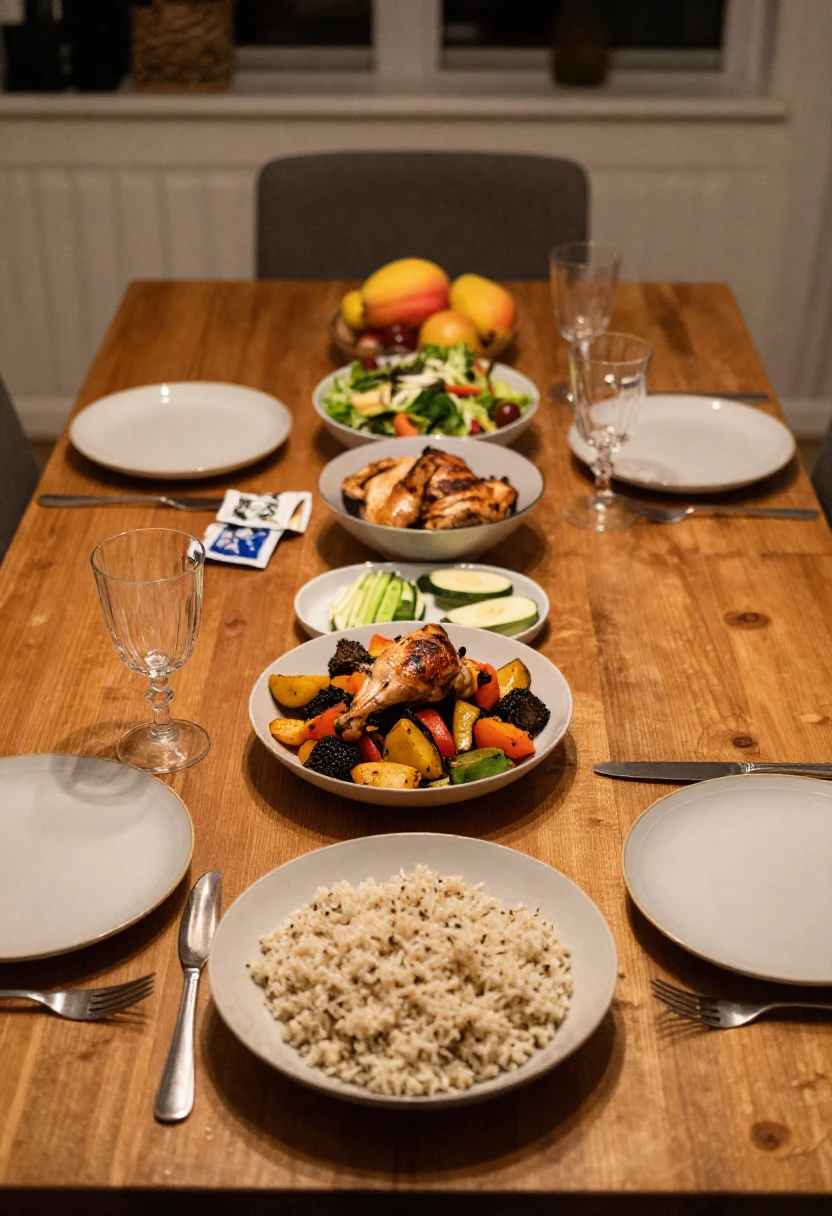 Family-style dinner setup: bowls of roasted chicken, vegetables, rice, salad, and a fruit bowl on a wooden table with four place settings.
