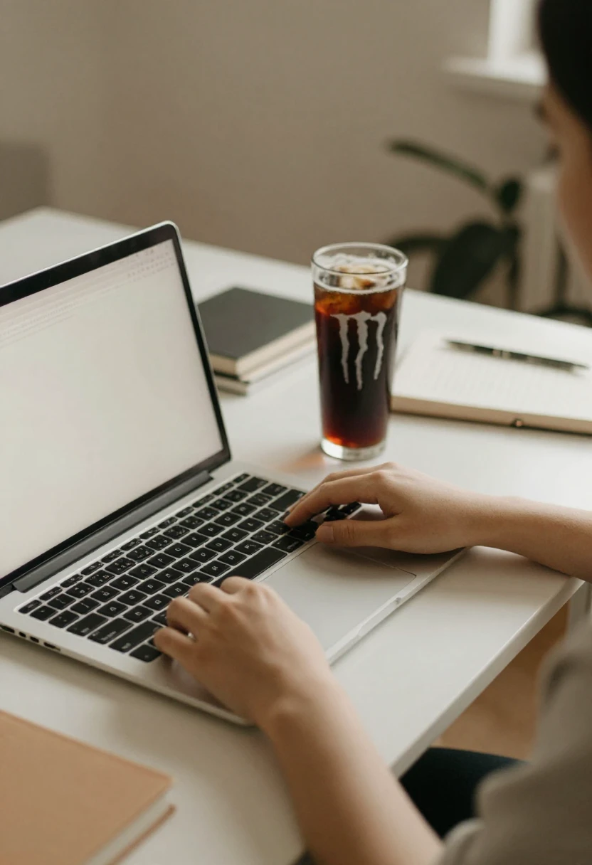 Energy drink beside a laptop during an afternoon work session