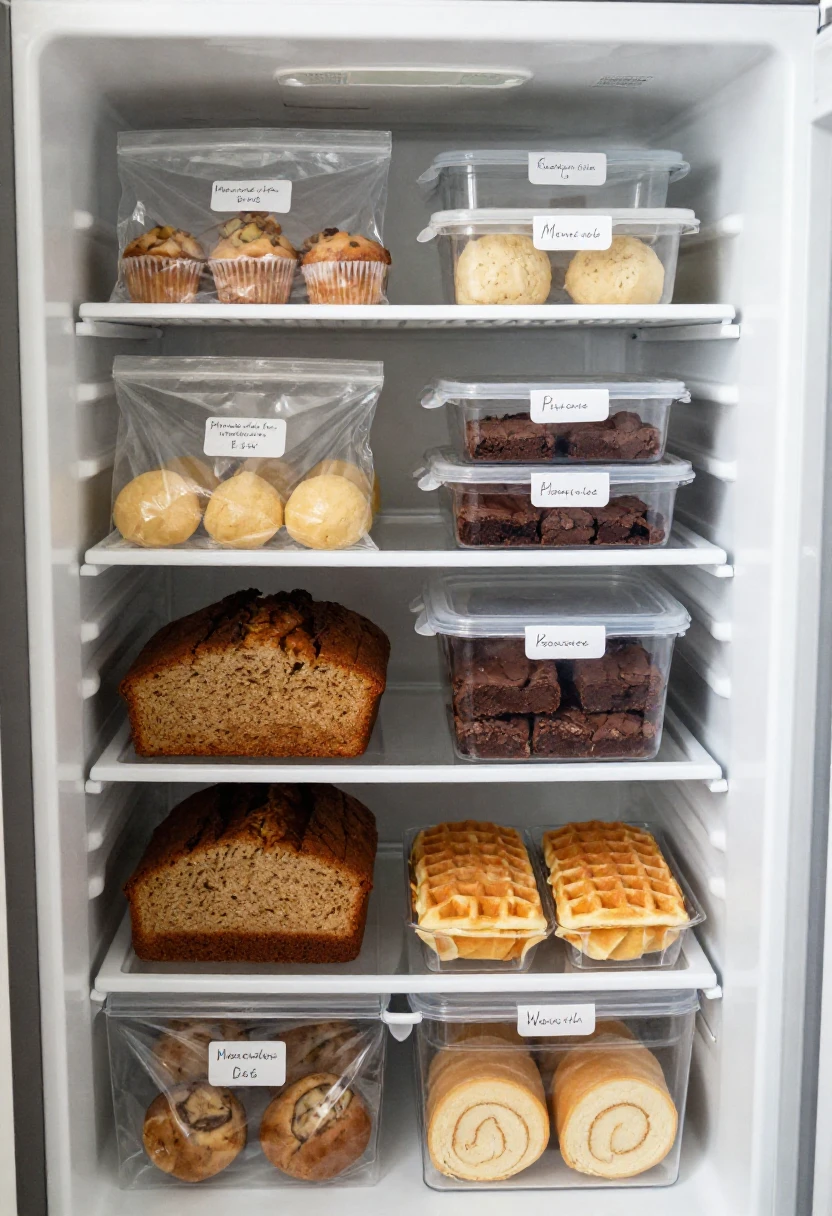Labeled freezer bags and containers filled with homemade baked goods.