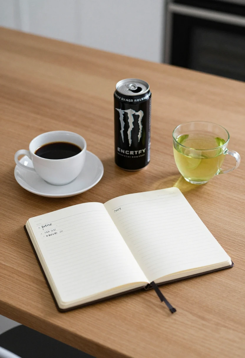 Coffee tea and energy drink arranged for comparing caffeine intake