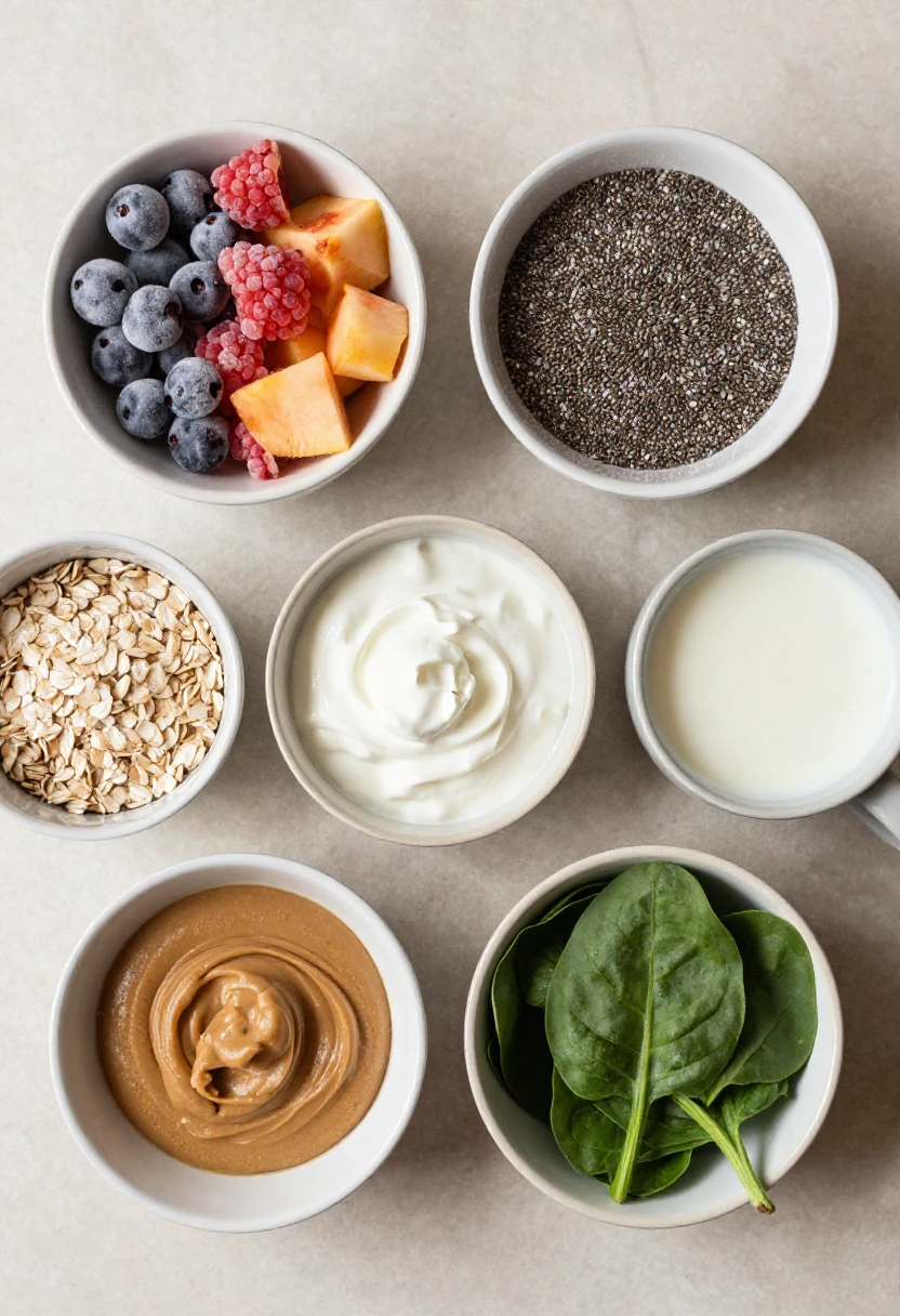 Smoothie building ingredients with fruit, yogurt, oats, and seeds.