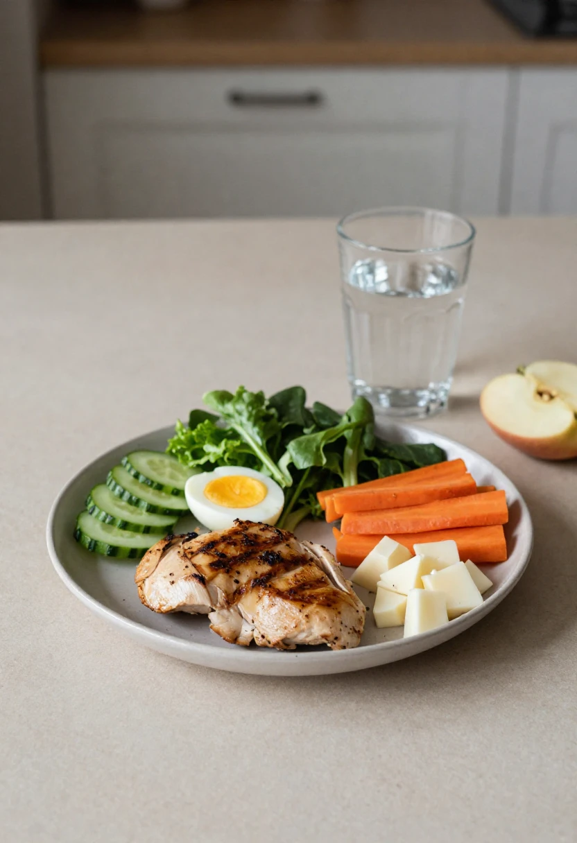 A balanced tooth-friendly plate with protein, crunchy vegetables, calcium-rich foods, apple slices, greens, and water.