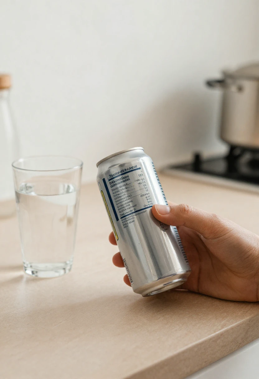 Person reading an energy drink nutrition label before choosing it