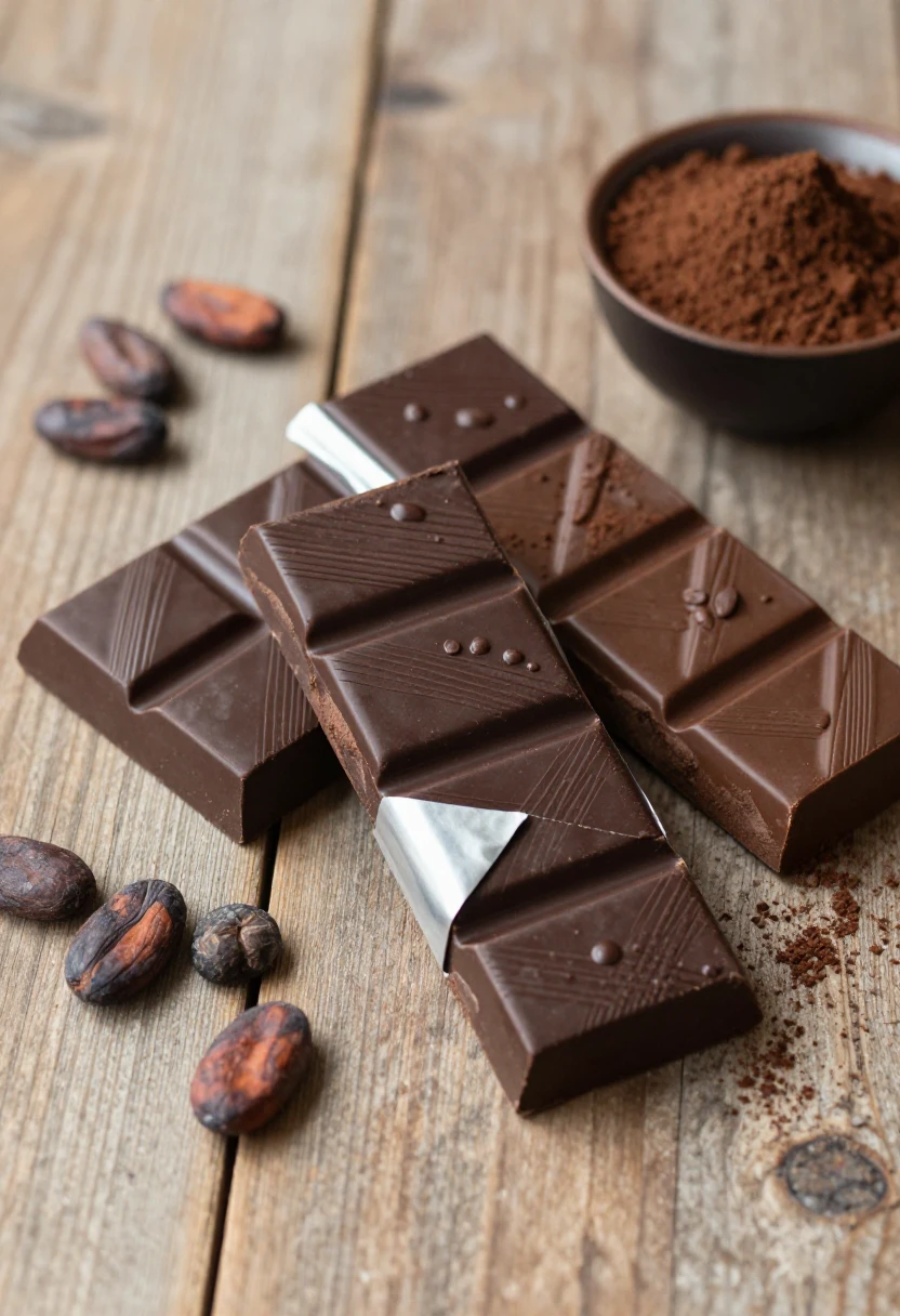 Assorted dark chocolate bars with cocoa beans and cocoa powder.