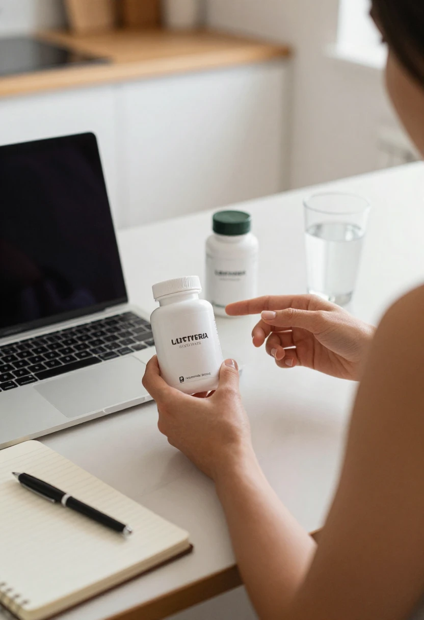 Person comparing supplement bottles and checking product details