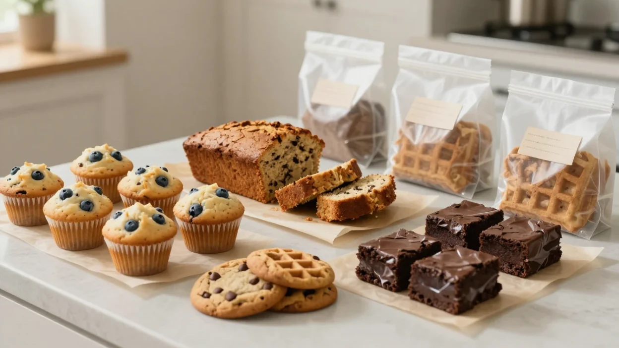 Freezer-friendly baked goods including muffins, banana bread, cookies, waffles, and brownies prepared for storage.