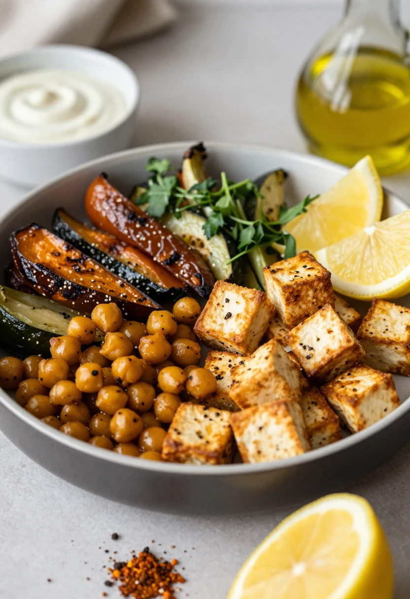 Bowl of roasted chickpeas, cubed tofu, and assorted vegetables (pepper, zucchini, eggplant) with lemon wedges and herbs, olive oil in background.