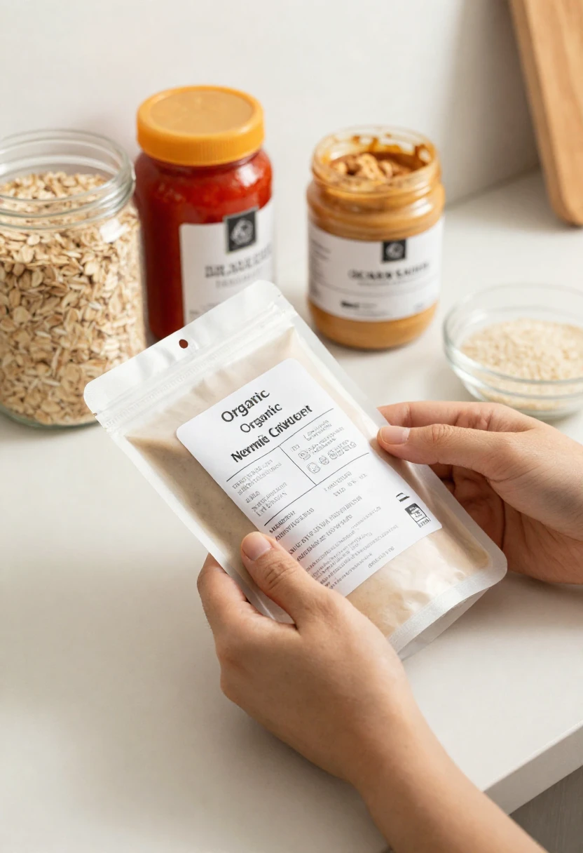 A person reading an organic food label while comparing pantry products.