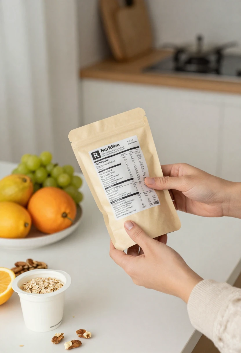 Hands checking a nutrition label beside healthy foods without obsessing over numbers