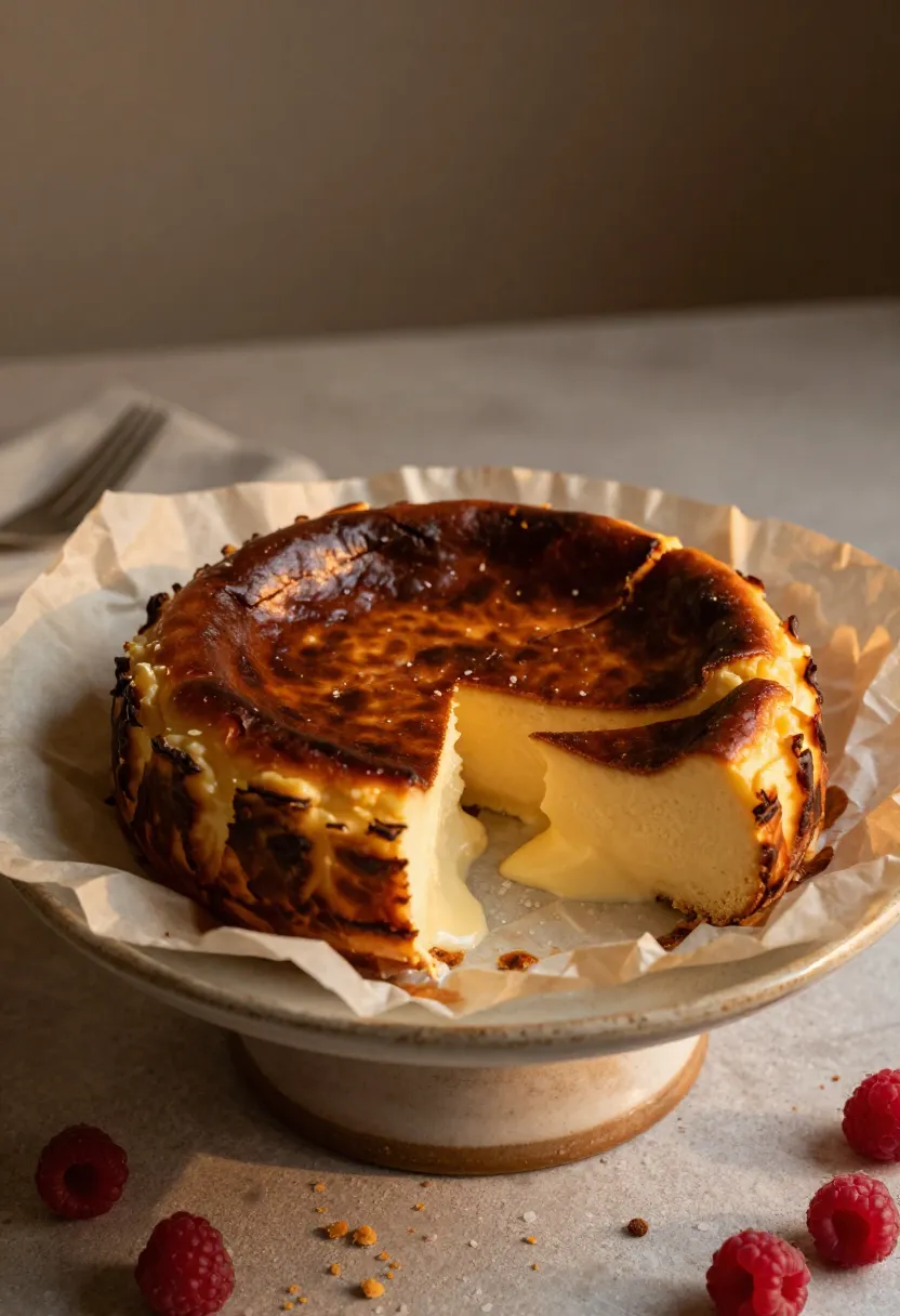 Basque burnt cheesecake with caramelized top and creamy center in warm golden light.