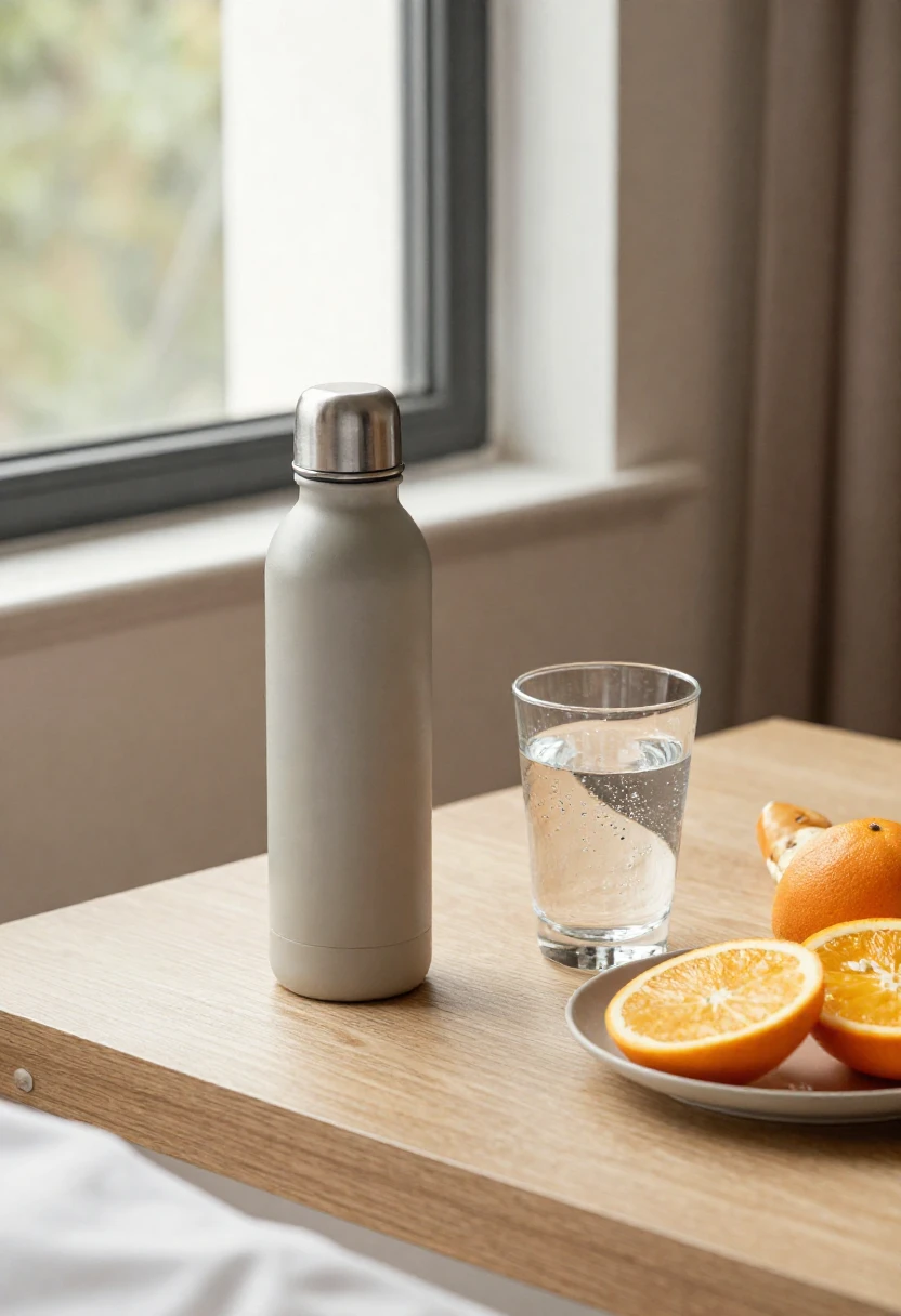 Reusable water bottle, sparkling water, citrus, fruit, and a light snack on a hotel desk for healthy hydration while traveling.
