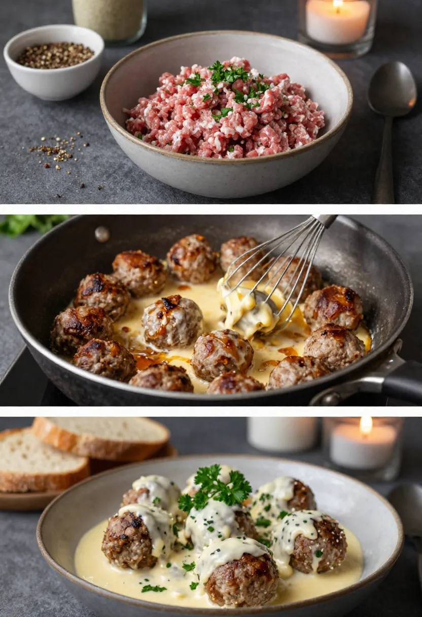 Collage showing cooking tips and details for better Swedish meatballs