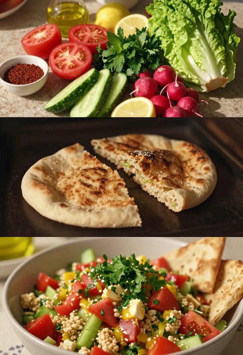 Collage of fresh fattoush ingredients, toasted pita, and finished salad with herbs and lemon dressing.