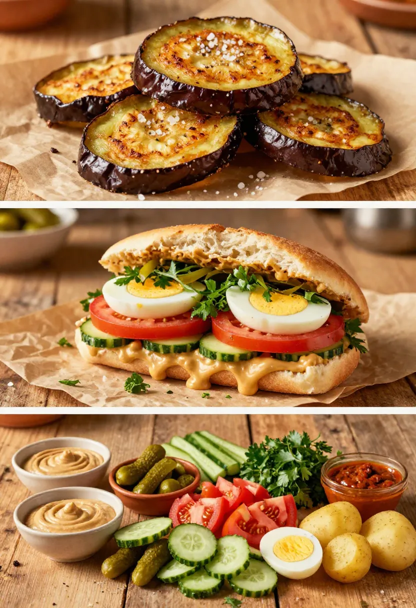 Stacked grilled eggplant slices on parchment, lightly seasoned with salt. 125 characters max?