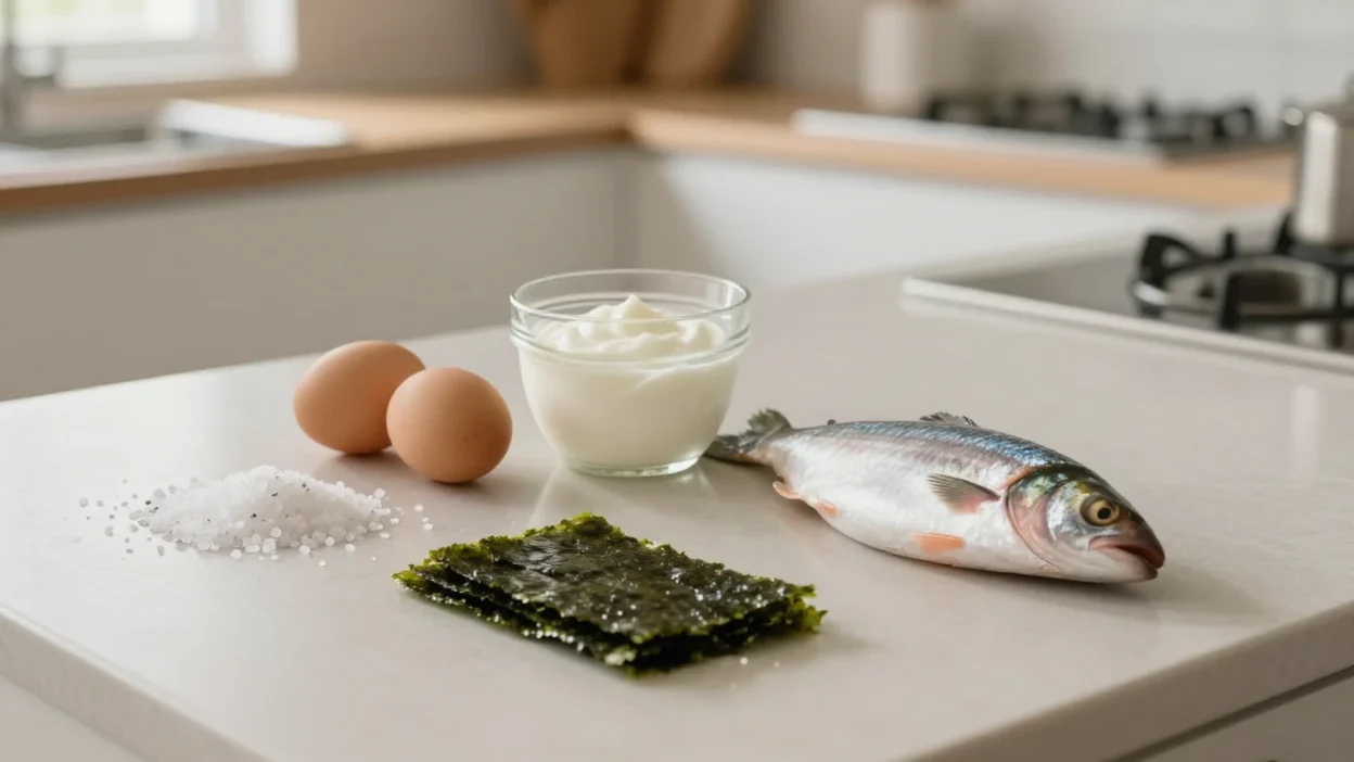 Iodine-rich foods including iodized salt, eggs, yogurt, fish, and seaweed on a kitchen counter.