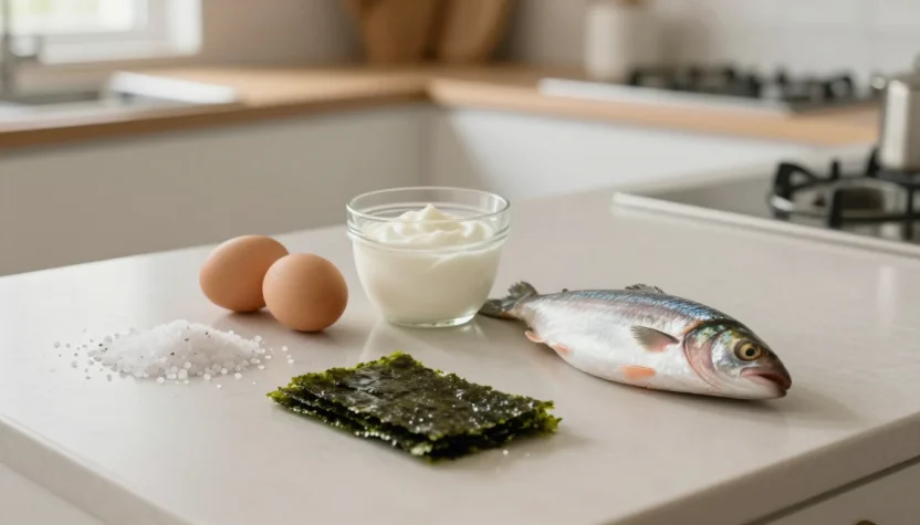 Iodine-rich foods including iodized salt, eggs, yogurt, fish, and seaweed on a kitchen counter.