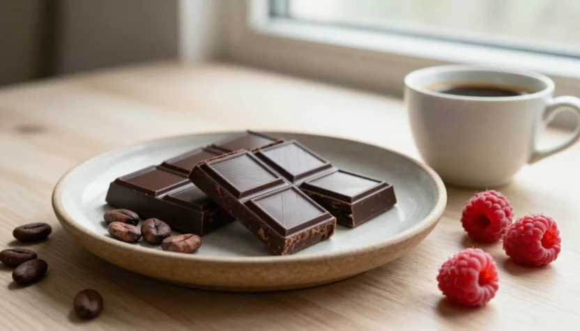 Dark chocolate squares with raspberries, cocoa beans, and coffee on a warm kitchen table.