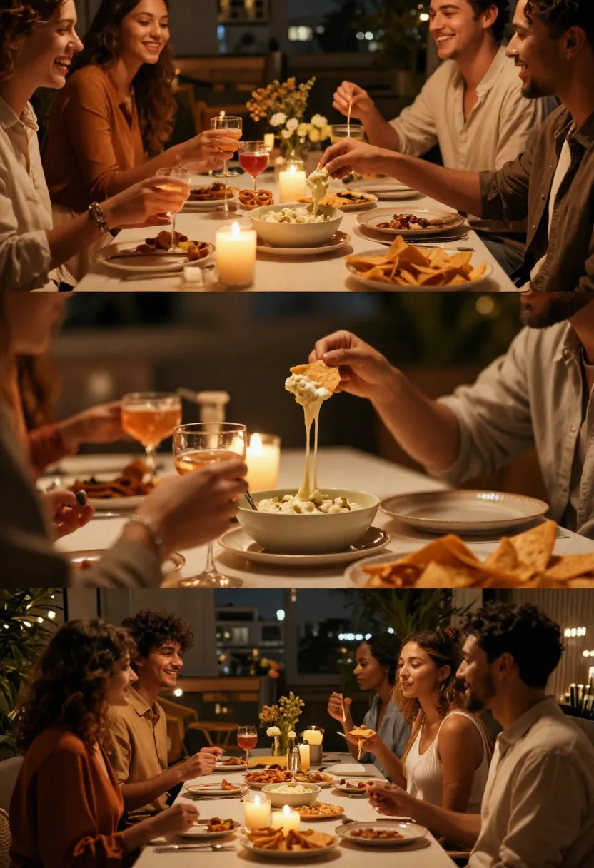 Elegant evening party with friends enjoying buffalo cauliflower dip together.