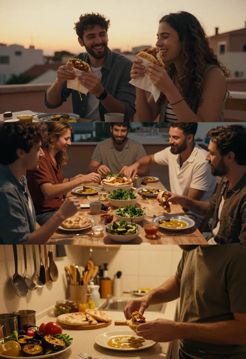 Lifestyle collage of people enjoying homemade sabich sandwiches in cozy social settings.