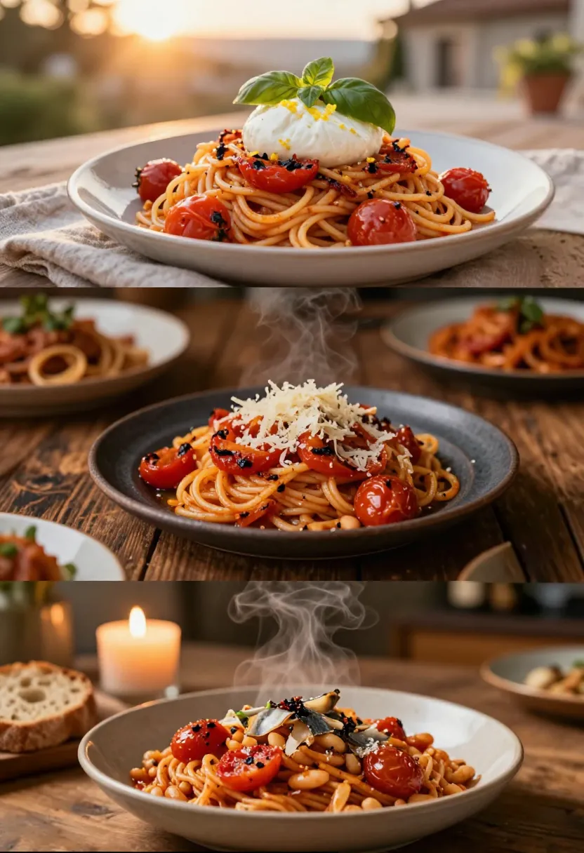 Vertical seasonal collage of roasted cherry tomato pasta served in summer, autumn, and winter styles.