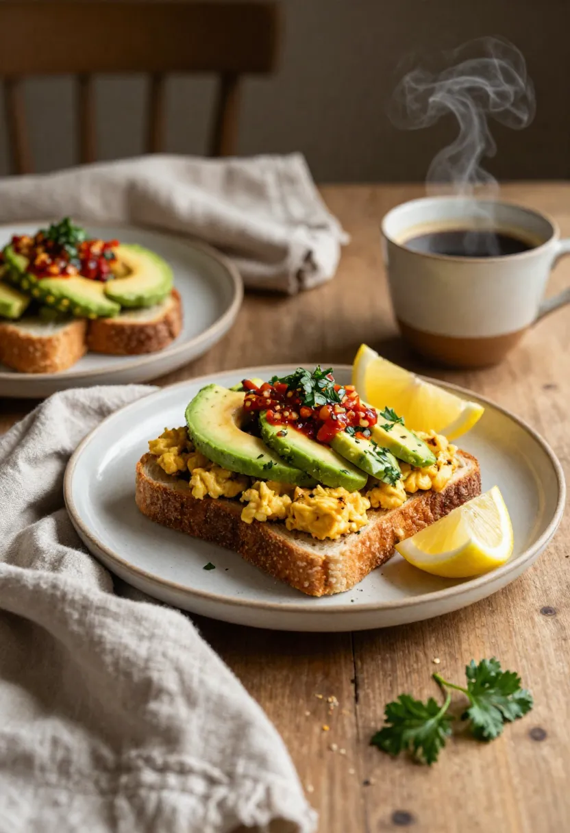 Cozy tofu scramble brunch with sourdough toast, herbs, and coffee.