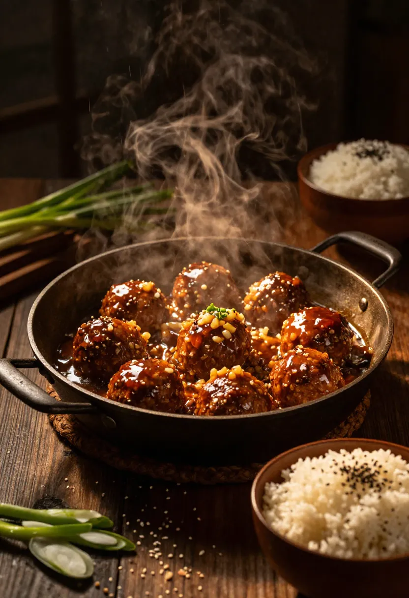 Sticky Asian meatballs served family-style in a warm cozy evening atmosphere with glossy sauce and steamed rice