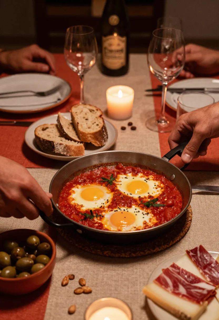 Huevos a la flamenco served on a rustic dinner table with bread, olives, and warm evening atmosphere