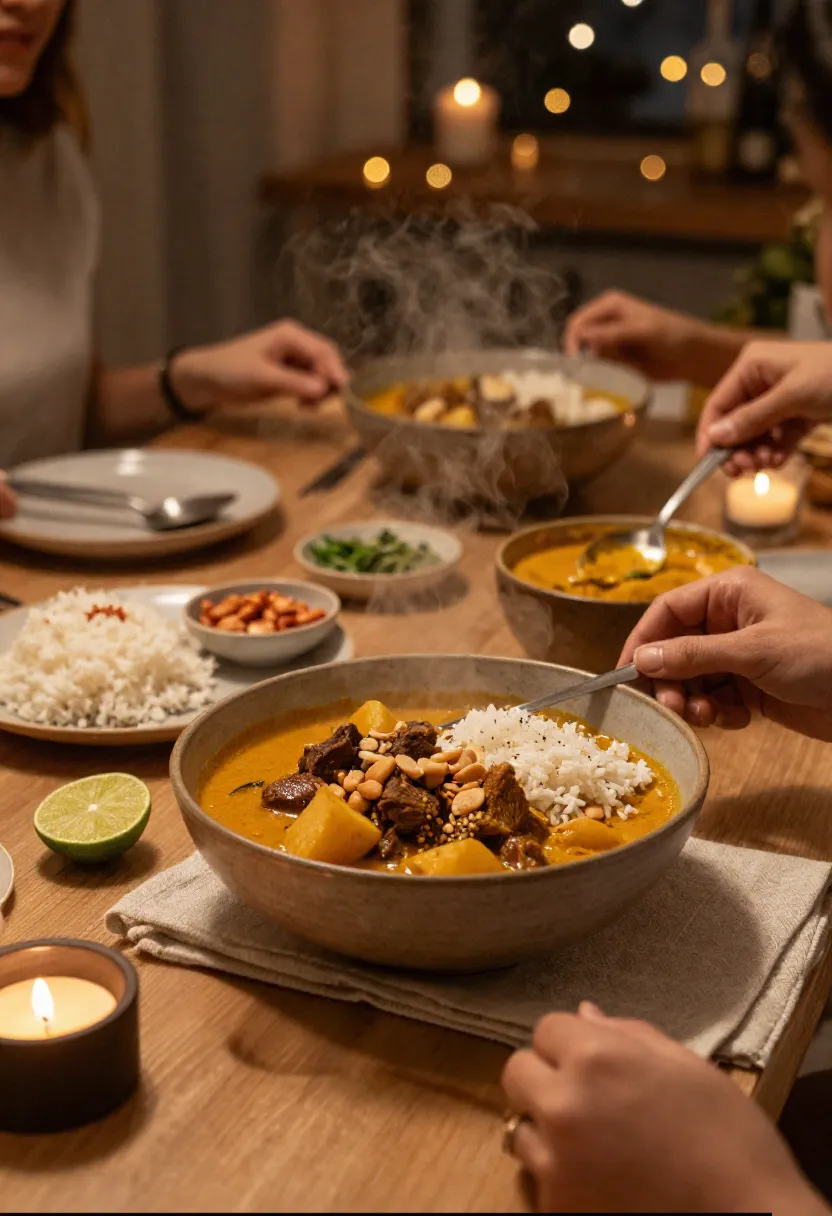 Cozy dinner table with massaman beef curry, rice, and warm evening atmosphere.