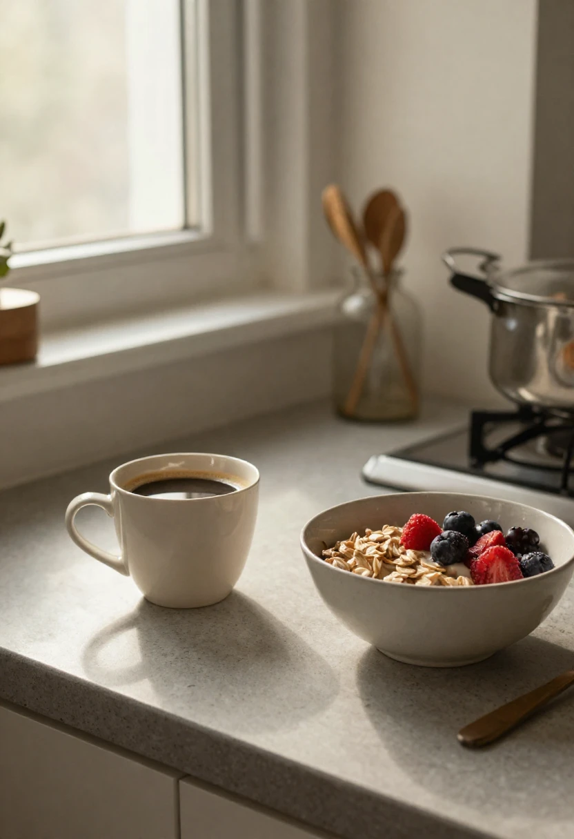 A tired morning breakfast scene with oatmeal, berries, and coffee.