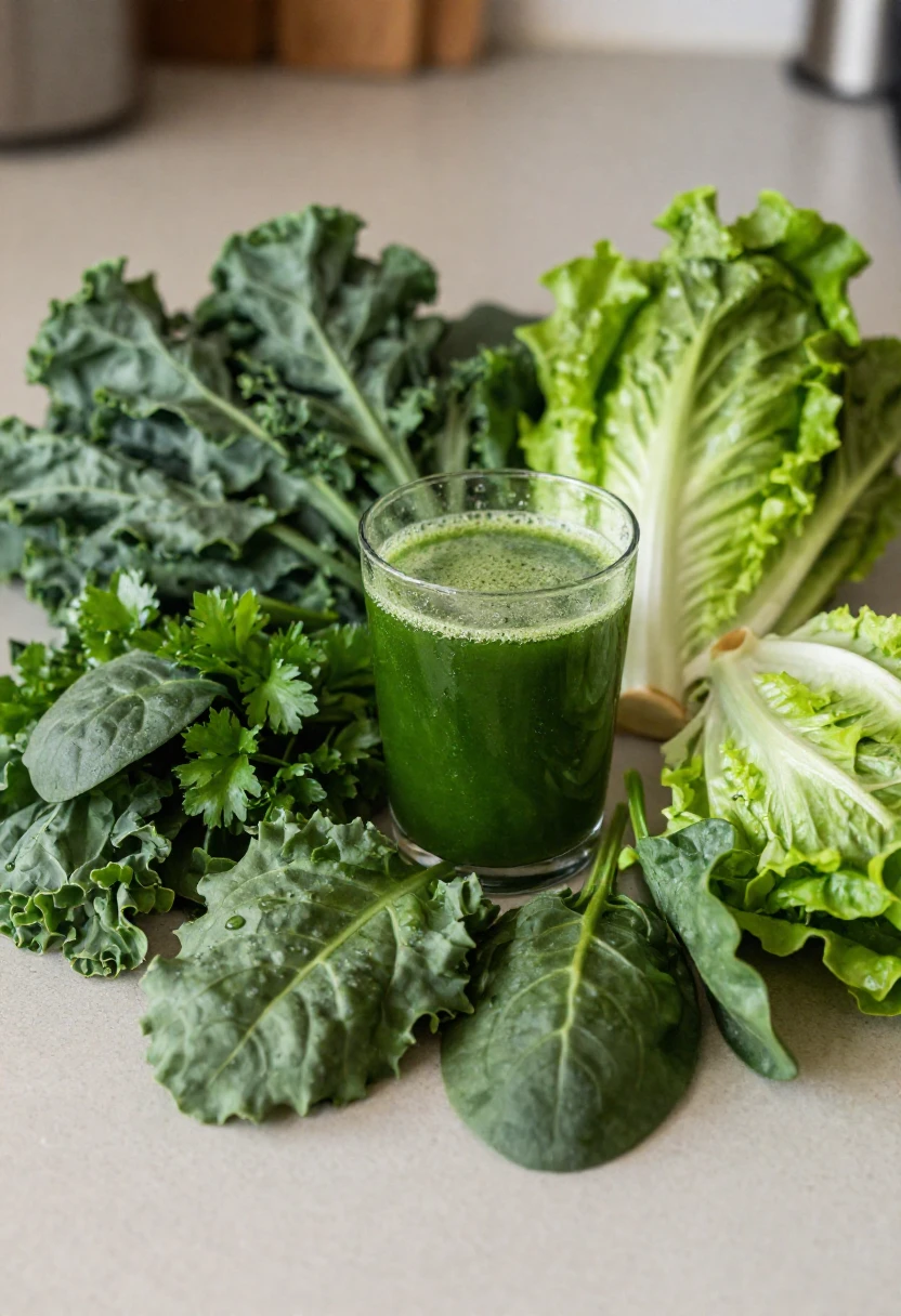 Fresh leafy greens prepared for making green juice