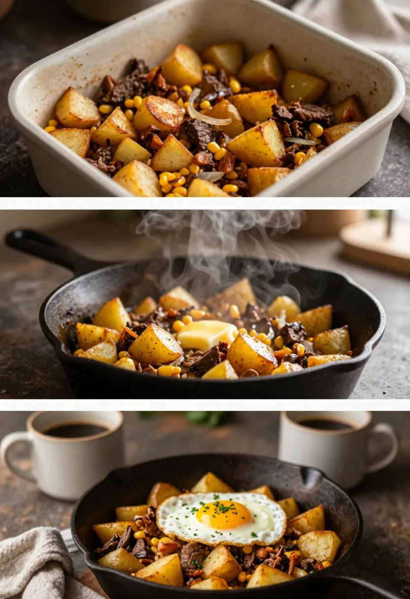 Collage showing leftover corned beef hash being reheated into a crispy cozy breakfast the next morning.