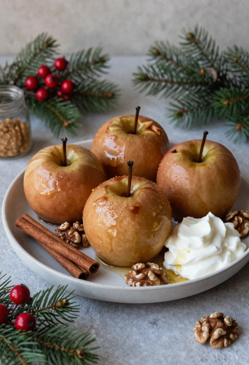 Four baked apples on a plate with caramel glaze, walnuts, and a dollop of whipped cream, with cinnamon sticks and holiday greenery in the background.