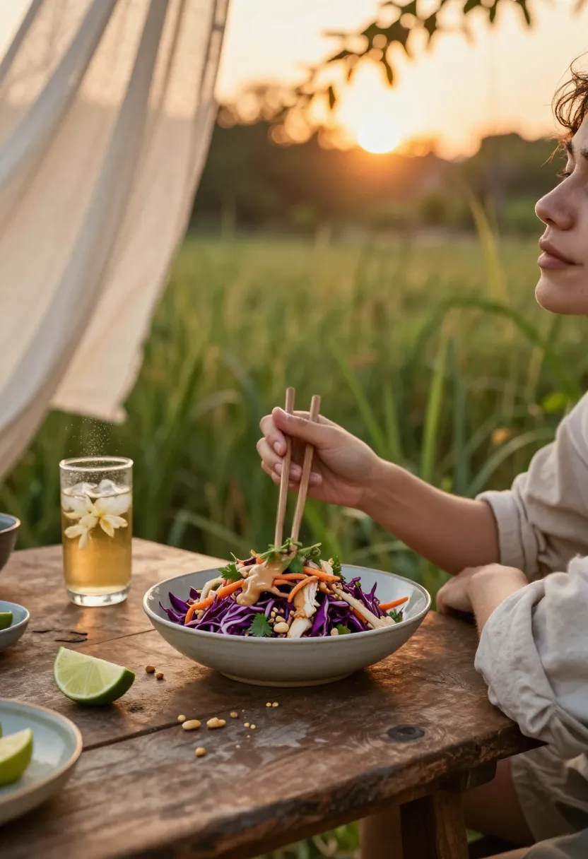 Person enjoying Thai chicken salad outdoors at sunset