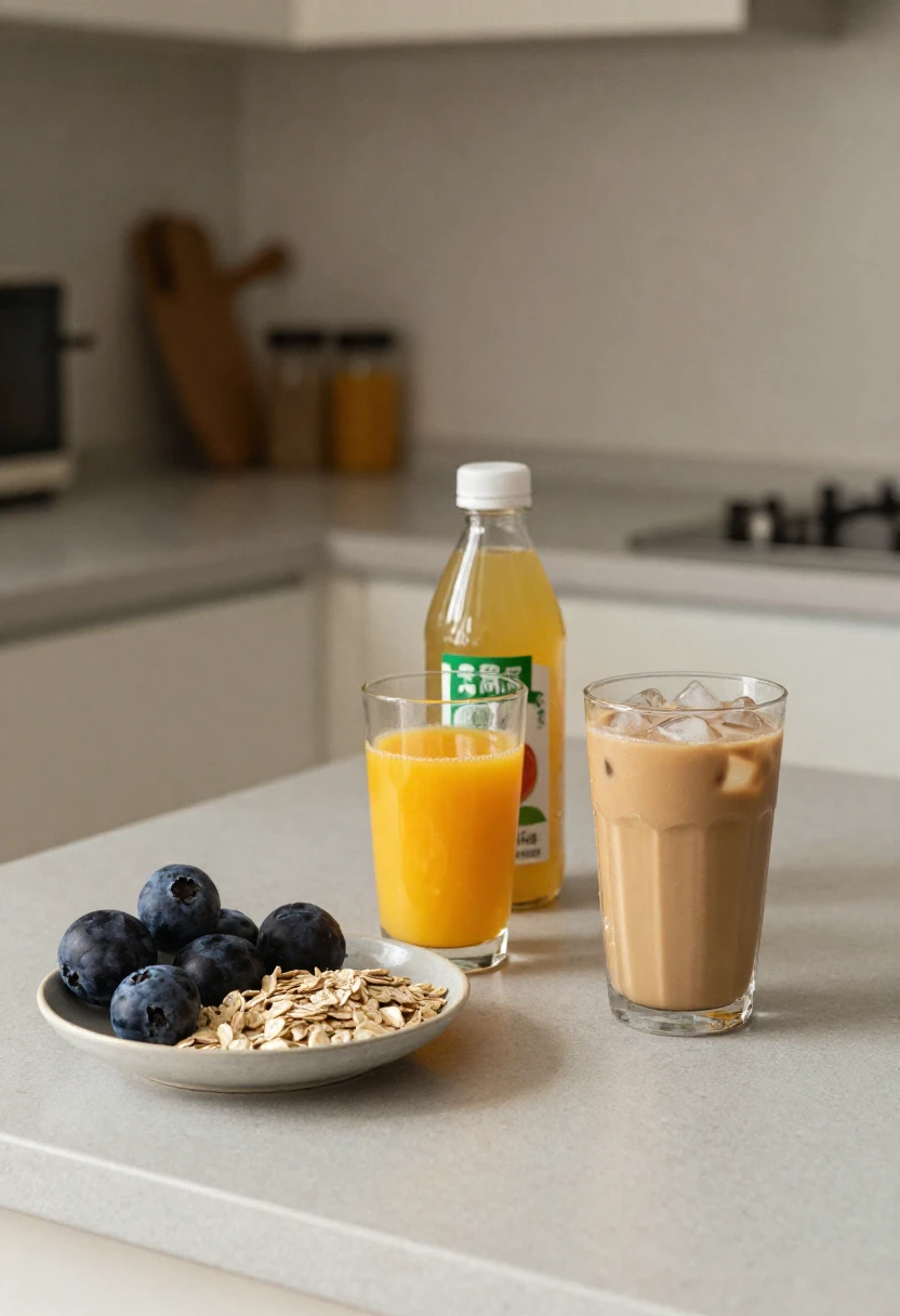 Plate with blueberries and oats beside a bottle of orange juice, a glass of orange juice, and a glass of iced coffee on a kitchen counter along with a few pantry jars in the background.
