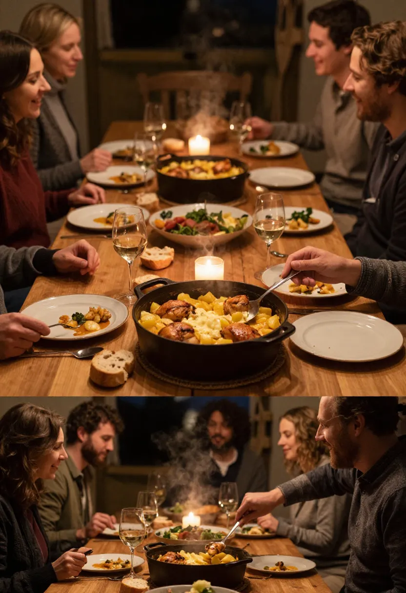 People enjoying French-style chicken casserole together at dinner