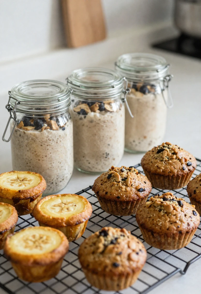 Banana muffins cooling on a wire rack with jars of overnight oats topped with nuts in the background.