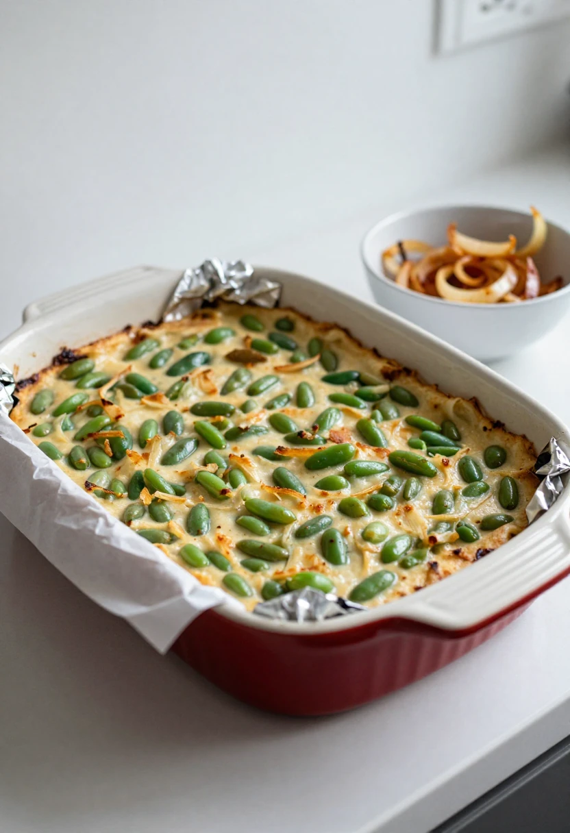 Make-ahead green bean casserole prepared before adding crispy onions