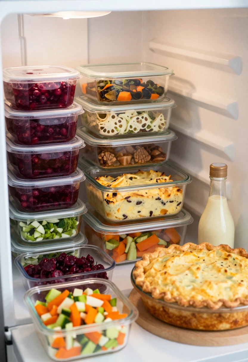 Make-ahead holiday dishes including cranberry sauce, casserole, vegetables, and pie.
