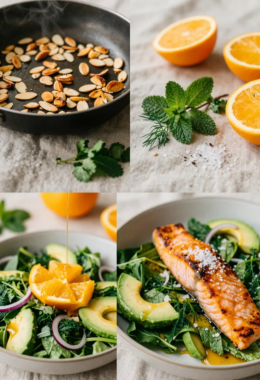 Collage showing toasted almonds, fresh herbs, citrus, and details of an orange salmon salad