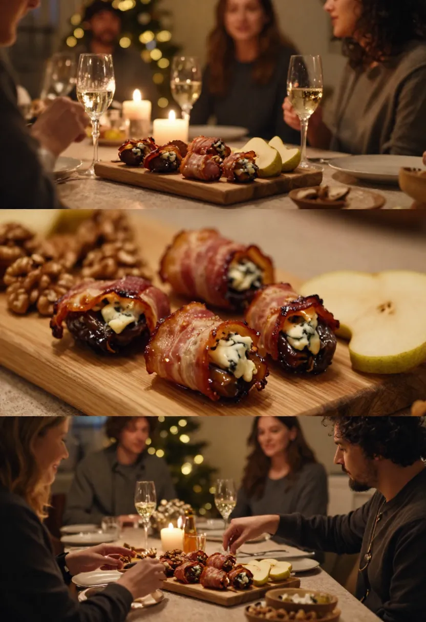Collage showing bacon wrapped dates at cozy holiday gatherings